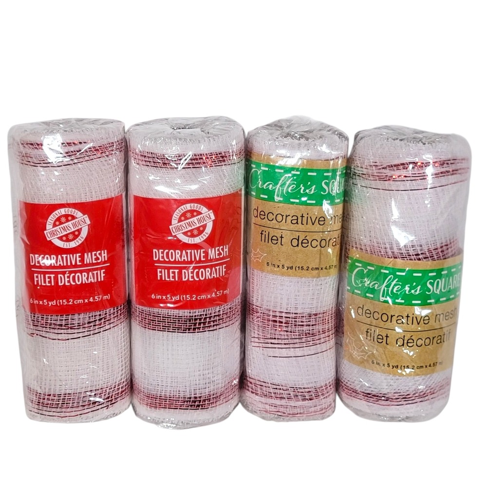 Crafters Square White‎ Red Deco Mesh 6" x 5 Yds Lot of 4 Rolls Decorative Wreath